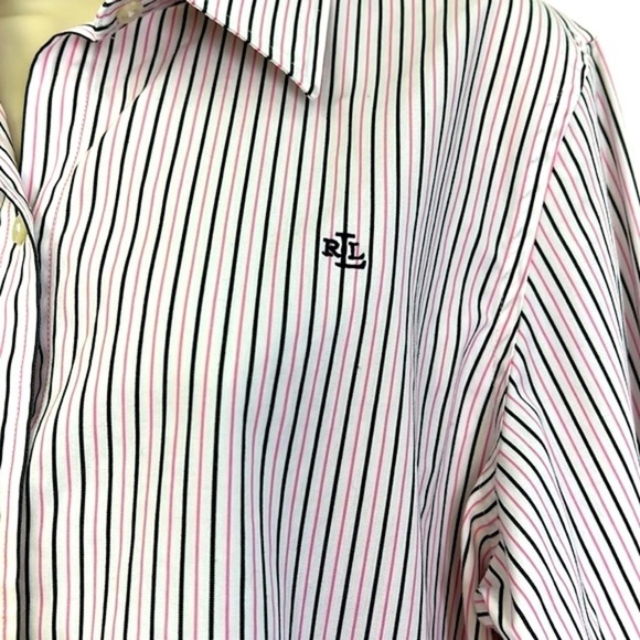 Lauren Ralph Lauren - Black & Pink Stripe Button Down Non Iron Top Size Large - Picture 4 of 10